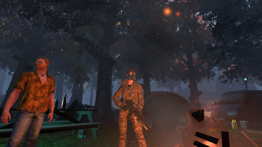 Commando with gas mask by a campfire