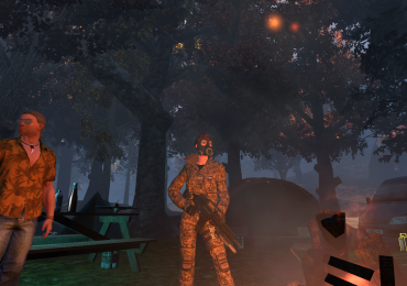 Commando with gas mask by a campfire