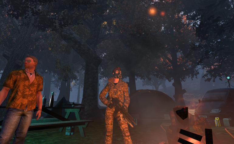 Commando with gas mask by a campfire